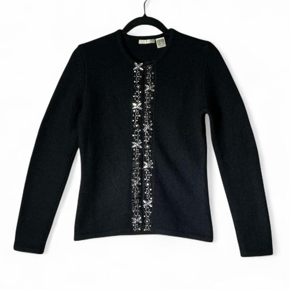 La Redoute Black Lambswool Angora Beaded Sequin Cardigan Sweater Women 6 RN88842